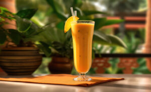 Mocktail served in glass made from Kesar Mango Pulp By SWAD